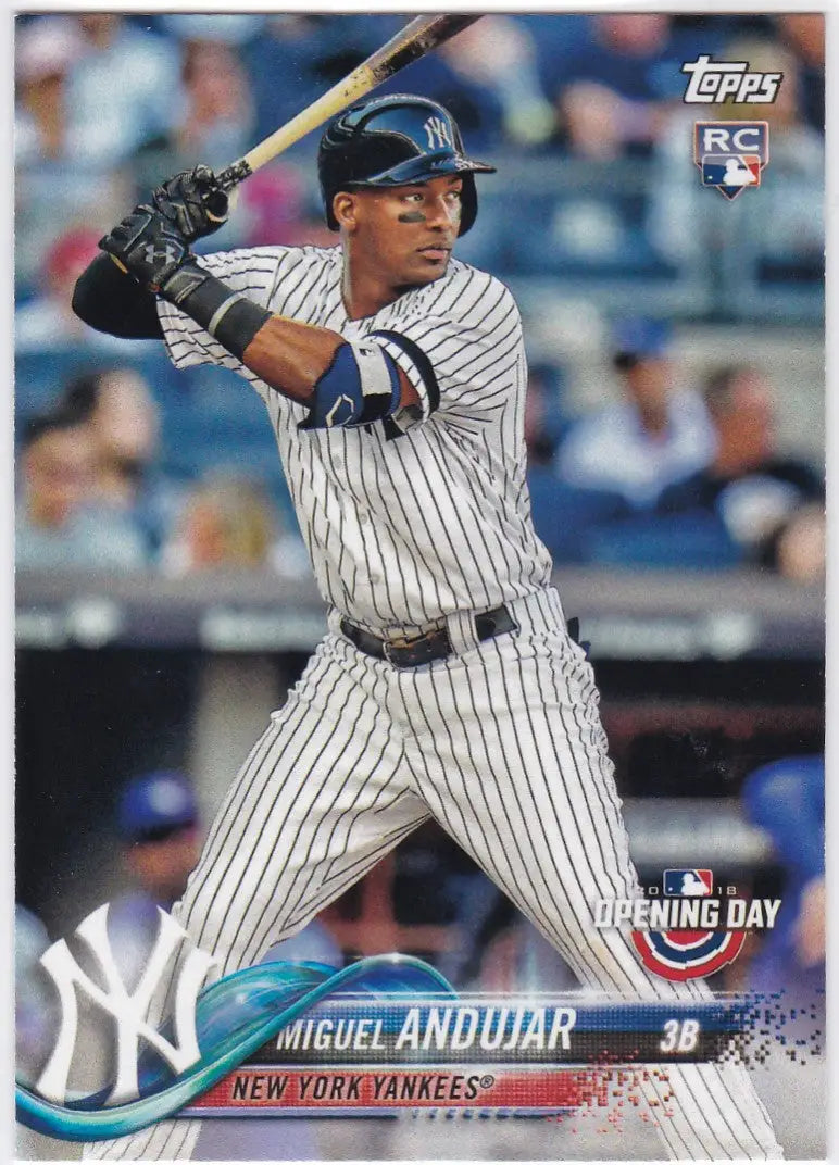 Baseball player in New York Yankees pinstripes at bat from Topps Opening Day collectible