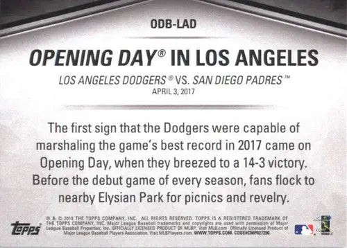 Baseball card back from 2018 Topps Opening Day Stadium Los Angeles Dodgers NM-MT