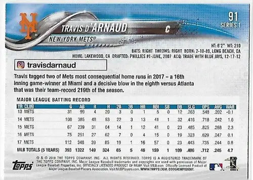 2018 Topps Rainbow Foil #91 Travis d’Arnaud NM-MT Mets - Baseball Card Single