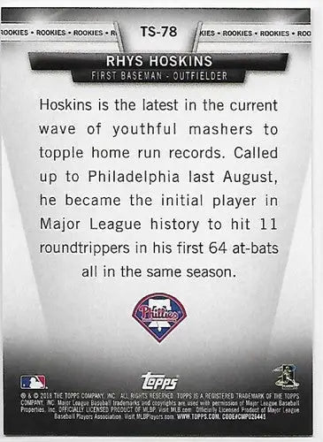 2018 Topps Topps Salute Black #TS-78 Rhys Hoskins NM-MT 068/299 Phillies - Baseball Card Single