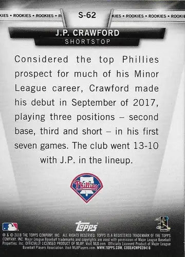 2018 Topps Salute Series 2 #S-62 J.P. Crawford NM-MT Phillies ID:14469 - Baseball Card Single