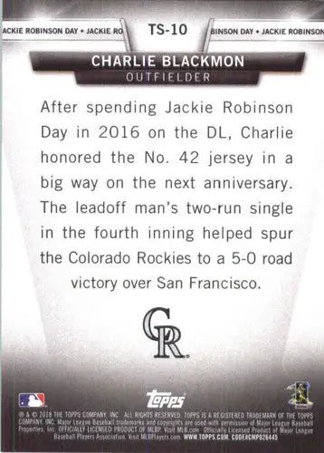 Original gloss Topps Salute Charlie Blackmon baseball trading card featuring Rockies player