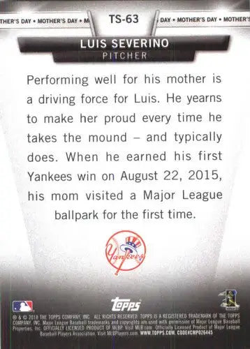 2018 Topps Salute Luis Severino baseball card back with original gloss