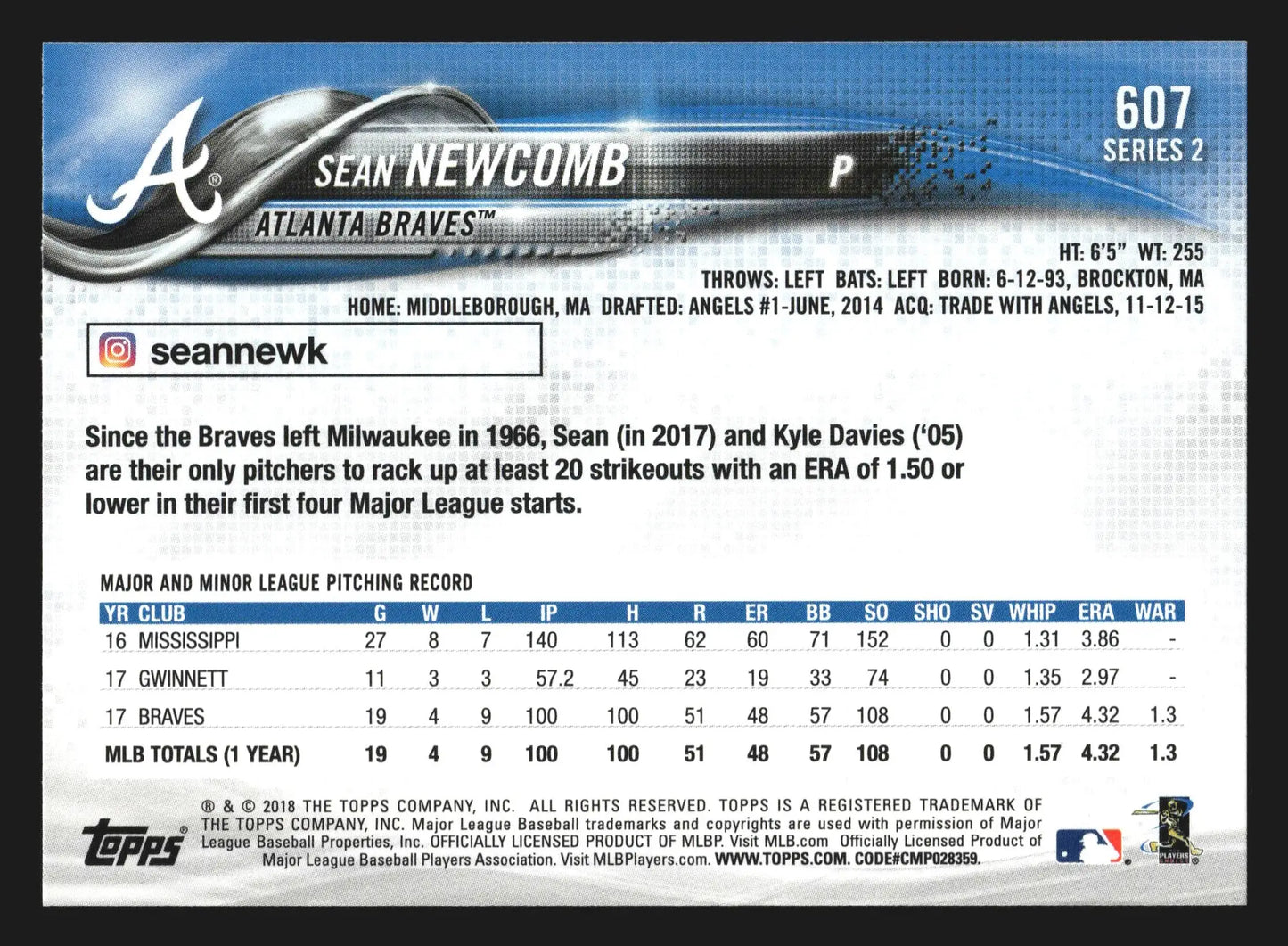2018 Topps Sean Newcomb #607 Future Stars Atlanta Braves - Baseball Card Single