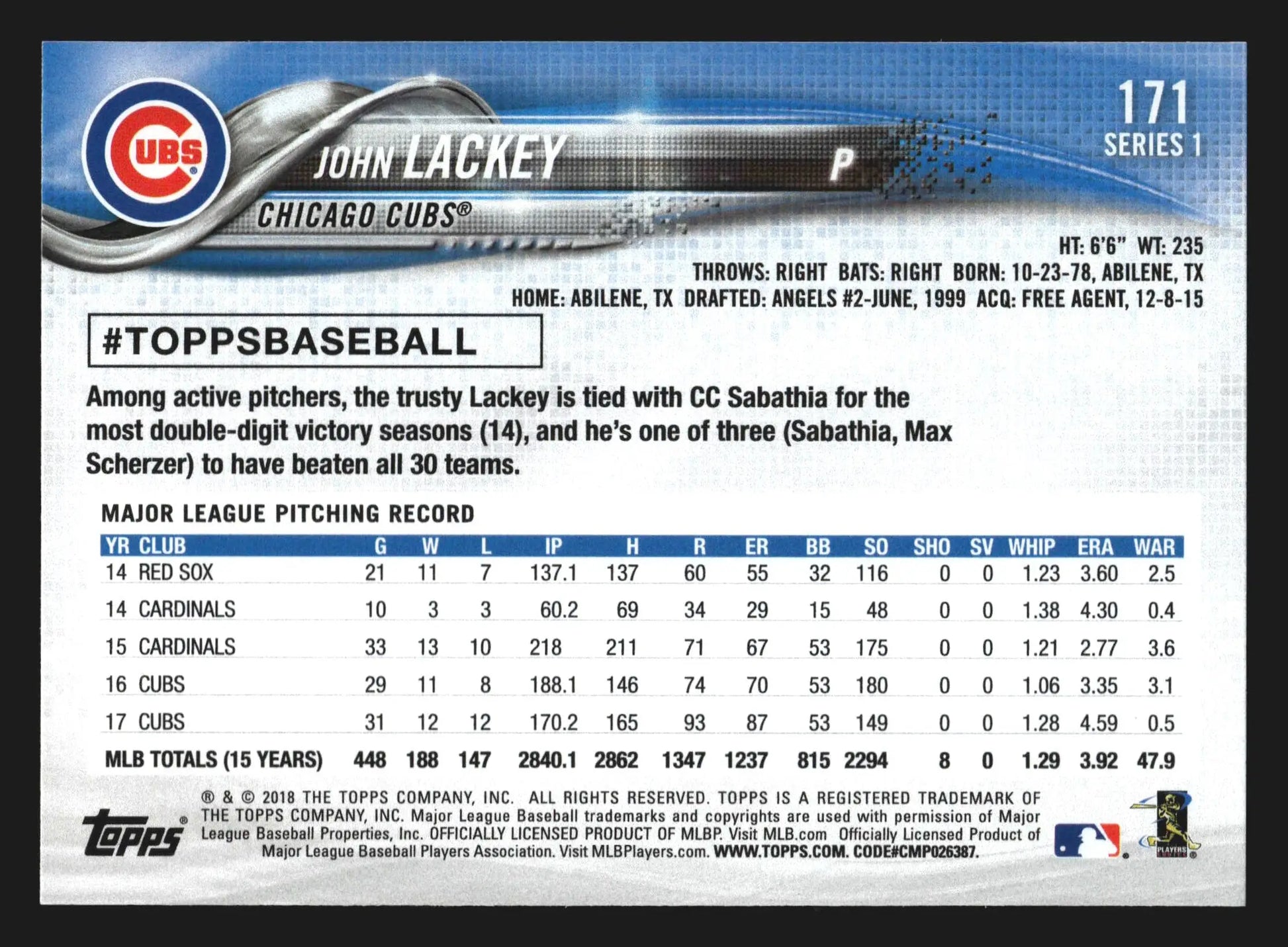 2018 Topps Series 1 #171 John Lackey Chicago Cubs - Baseball Card Single