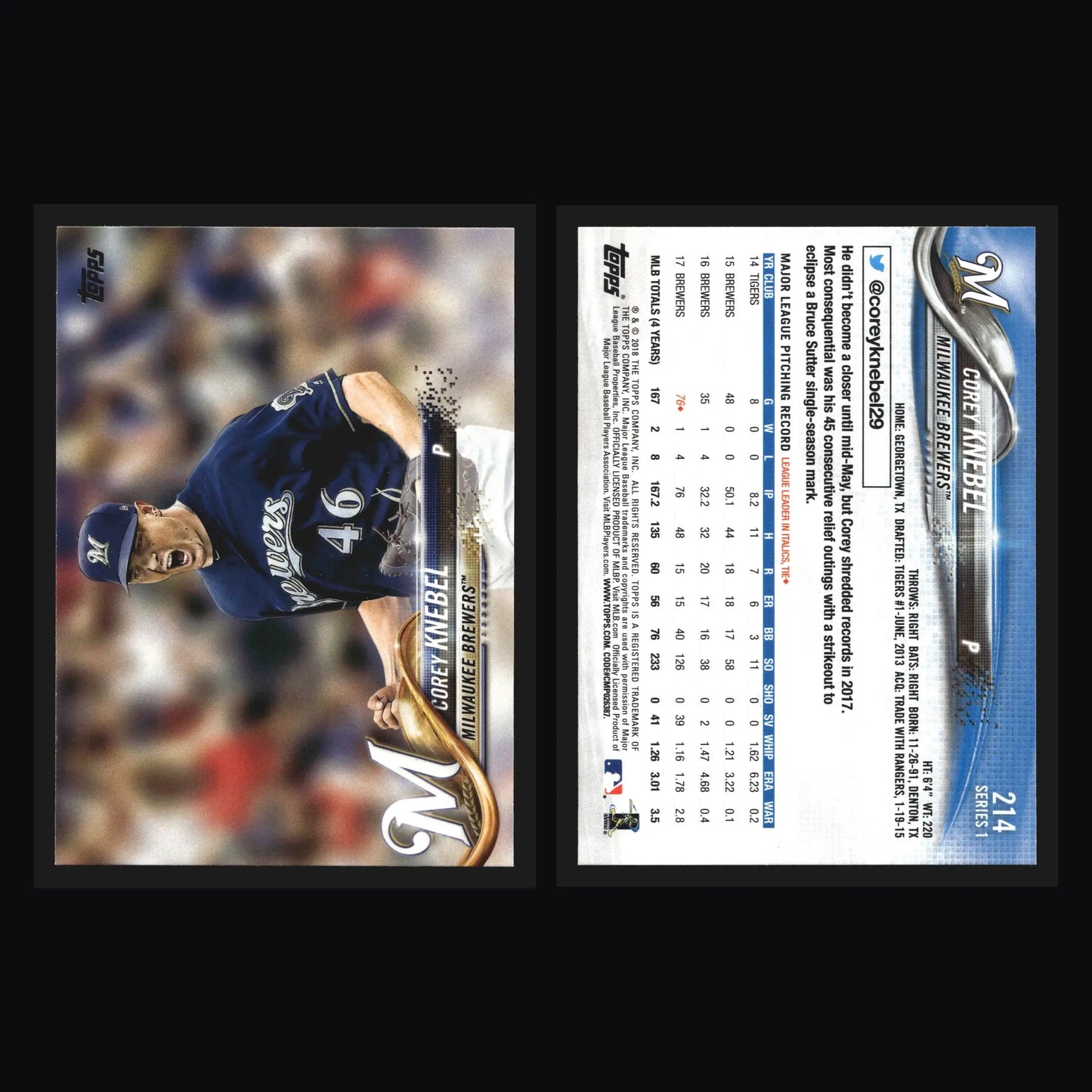 2018 Topps Series 1 #214 Corey Knebel Milwaukee Brewers - Baseball Card Single