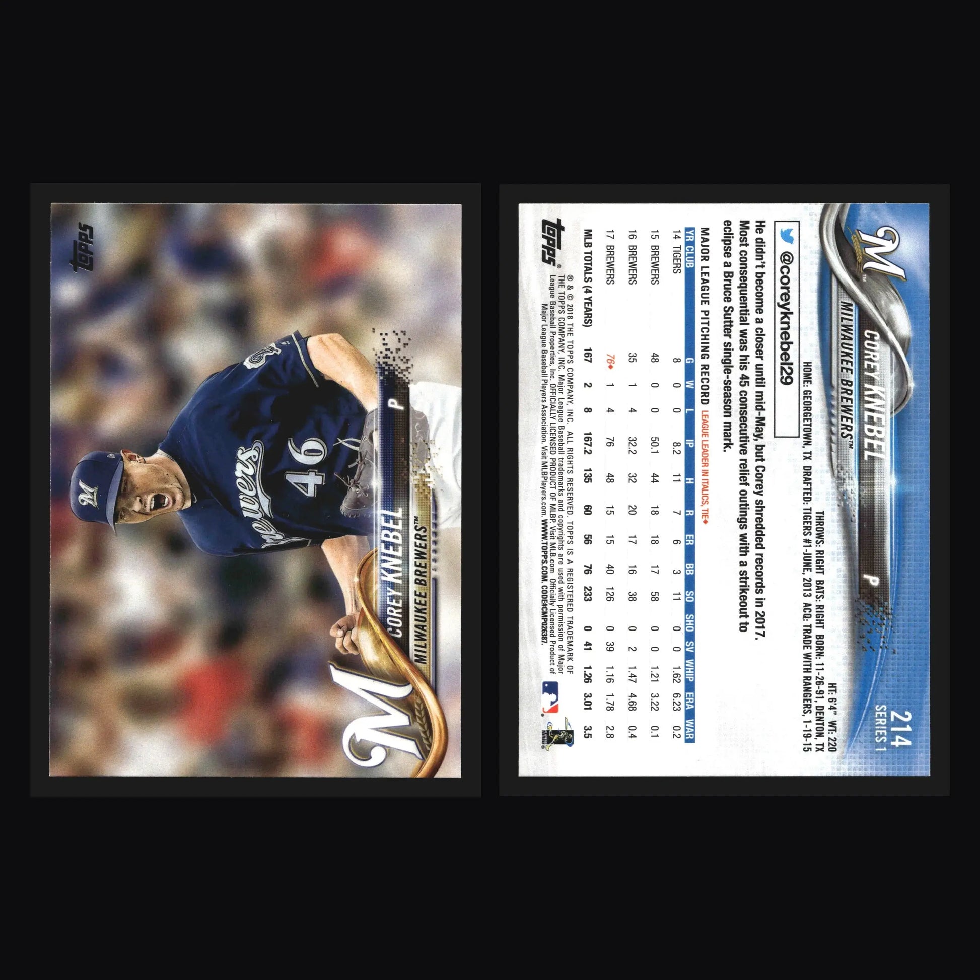 2018 Topps Series 1 #214 Corey Knebel Milwaukee Brewers - Baseball Card Single