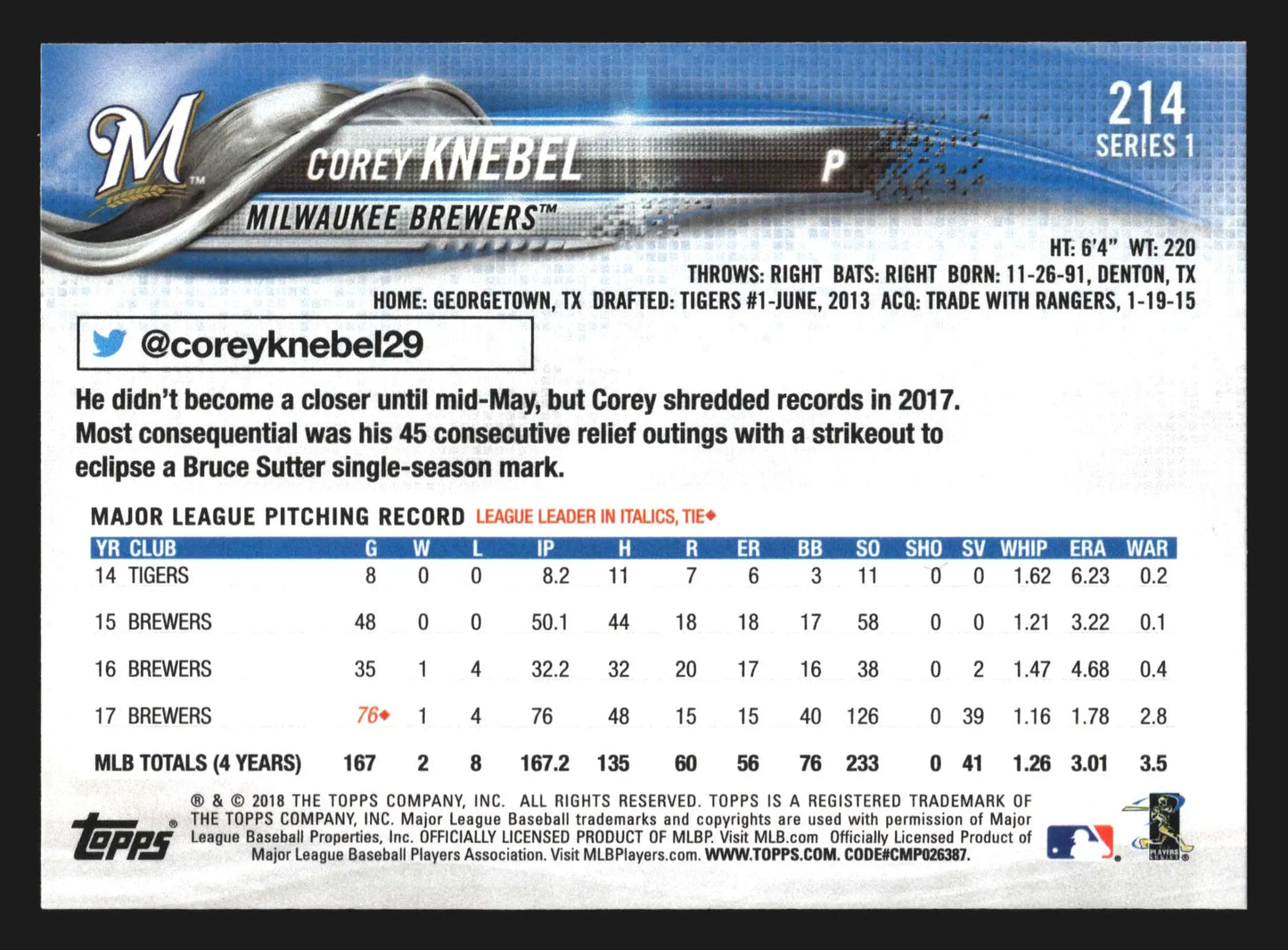 2018 Topps Series 1 #214 Corey Knebel Milwaukee Brewers - Baseball Card Single