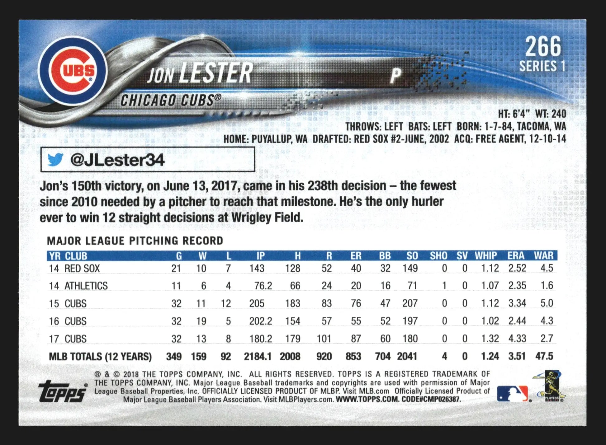 2018 Topps Series 1 #266 Jon Lester Chicago Cubs - Baseball Card Single