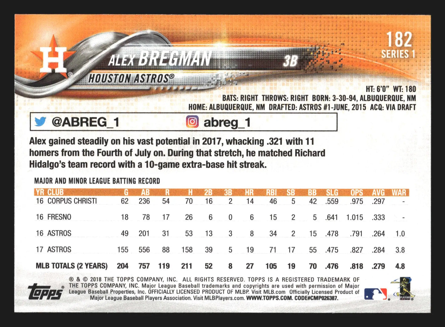 2018 Topps Series 1 Alex Bregman Future Stars #182 Houston Astros - Baseball Card Single