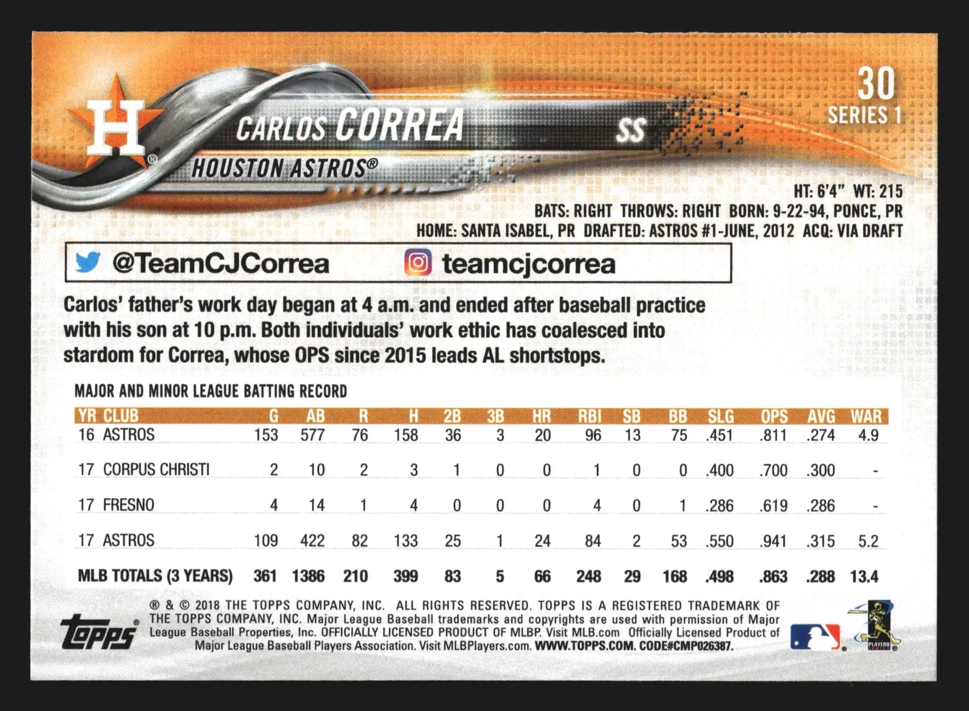 2018 Topps Series 1 Carlos Correa #30 Houston Astros - Baseball Card Single