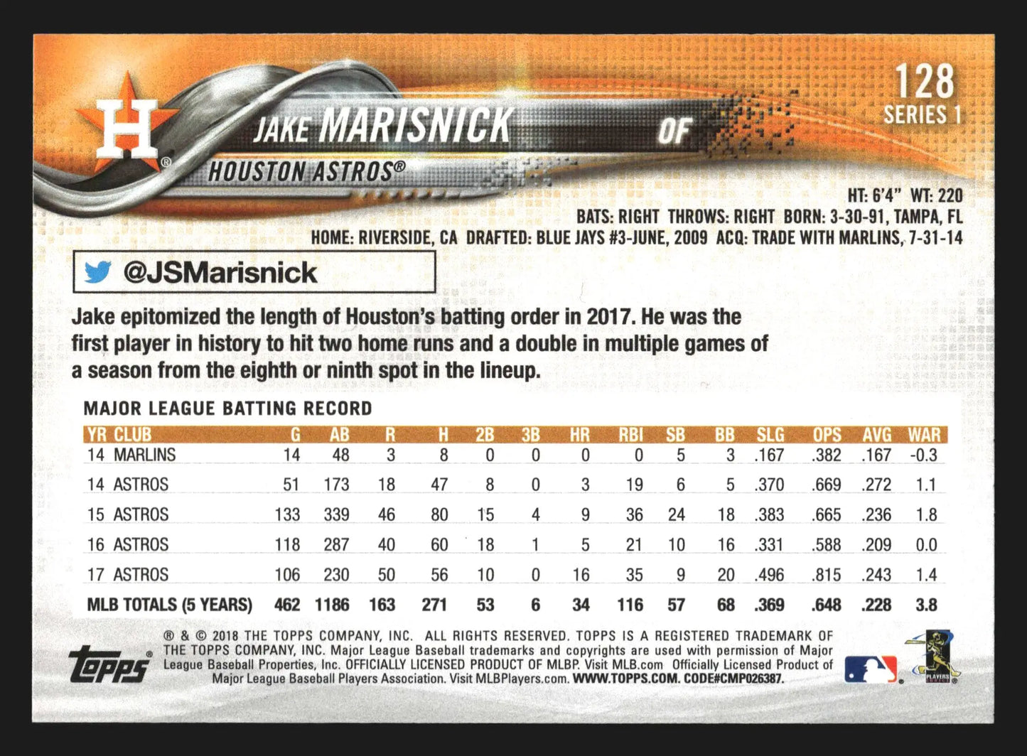 2018 Topps Series 1 Jake Marisnick #128 Houston Astros - Baseball Card Single