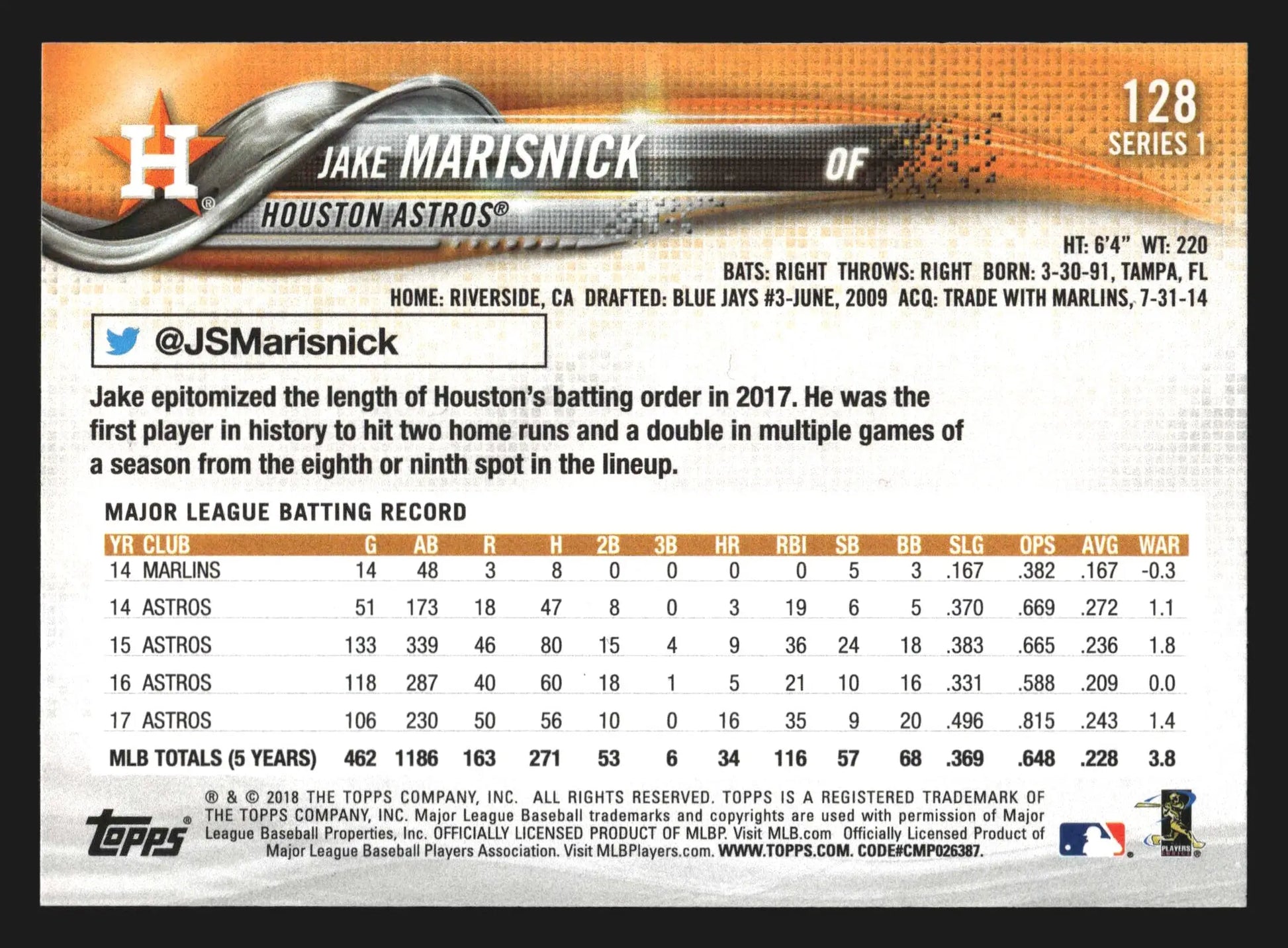 2018 Topps Series 1 Jake Marisnick #128 Houston Astros - Baseball Card Single
