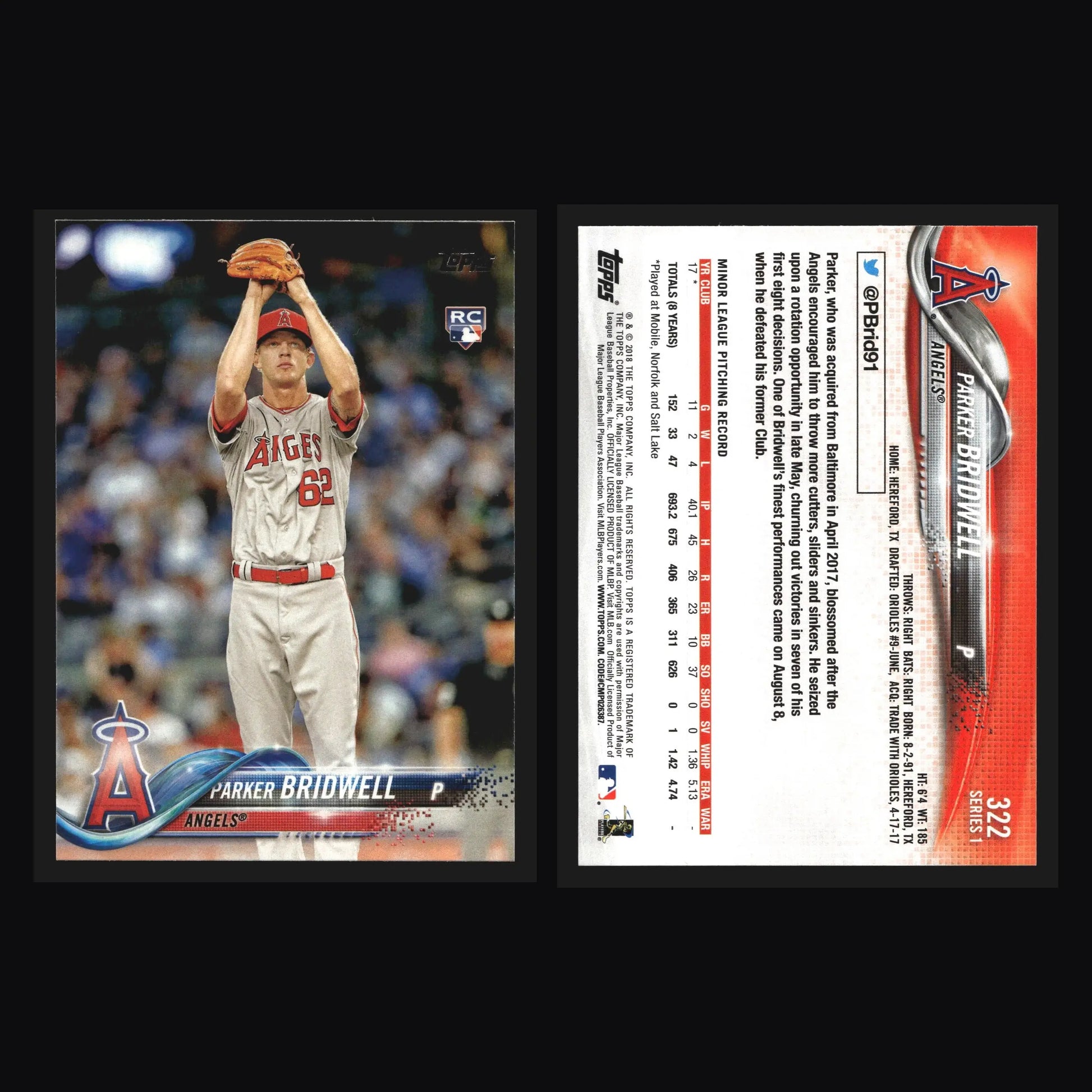 2018 Topps Series 1 Parker Bridwell #322 Los Angeles Angels RC - Baseball Card Single