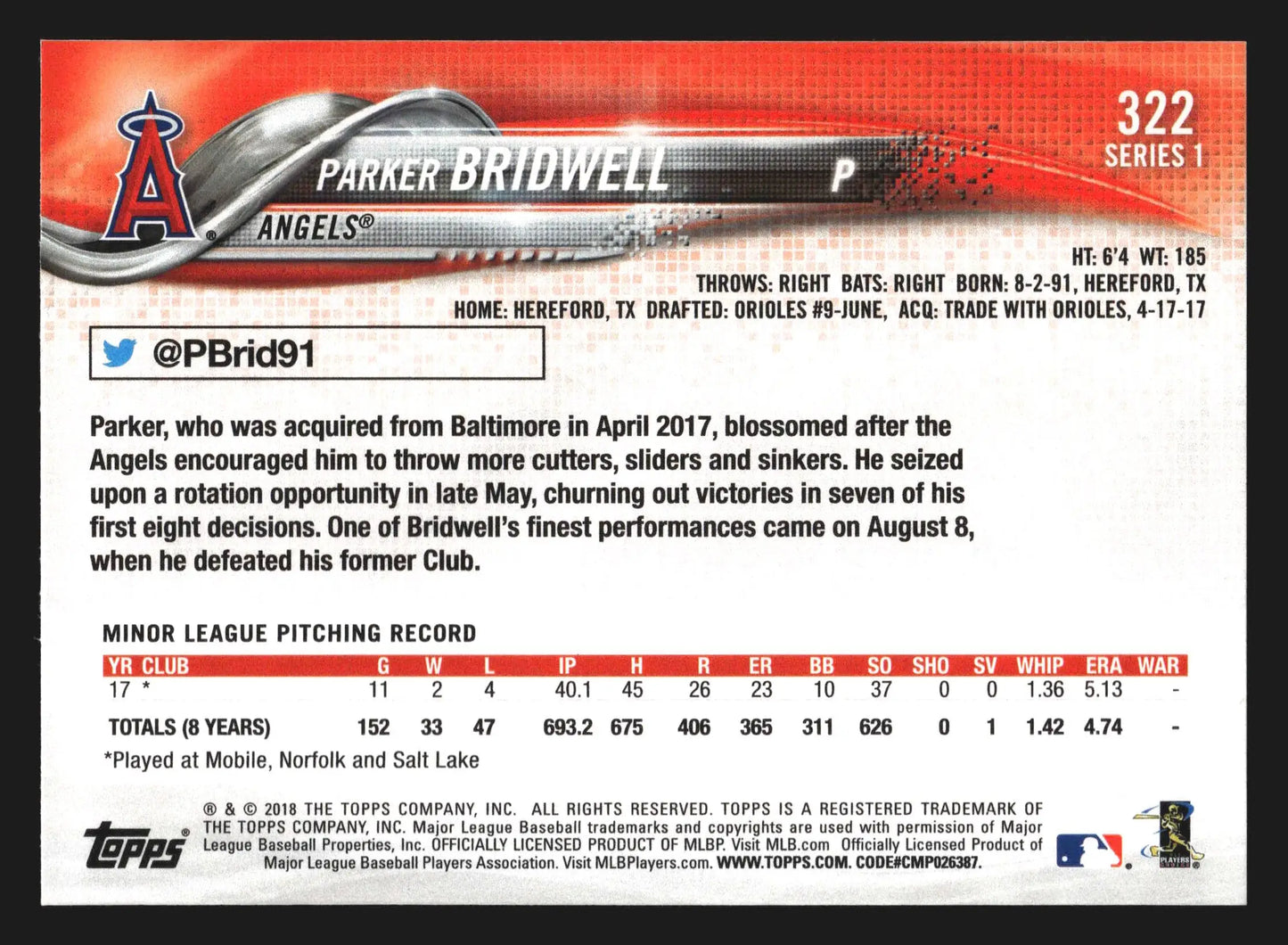 2018 Topps Series 1 Parker Bridwell #322 Los Angeles Angels RC - Baseball Card Single