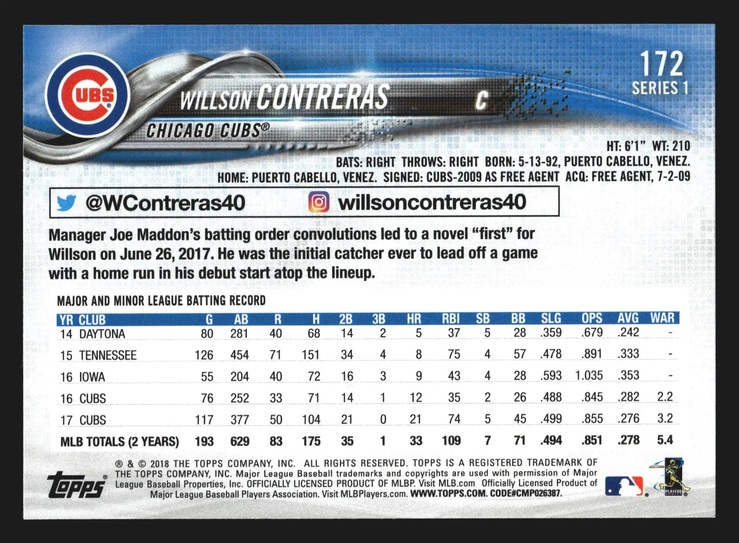 2018 Topps Series 1 Willson Contreras #172 Chicago Cubs - Baseball Card Single