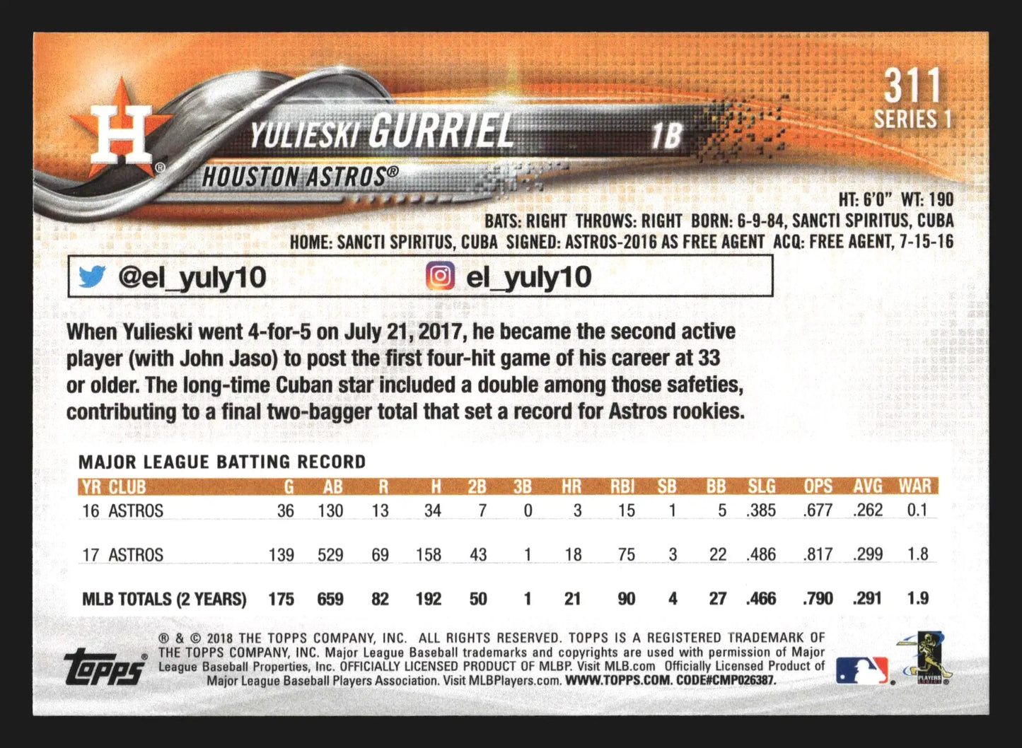 2018 Topps Series 1 Yulieski Gurriel #311 Houston Astros - Baseball Card Single