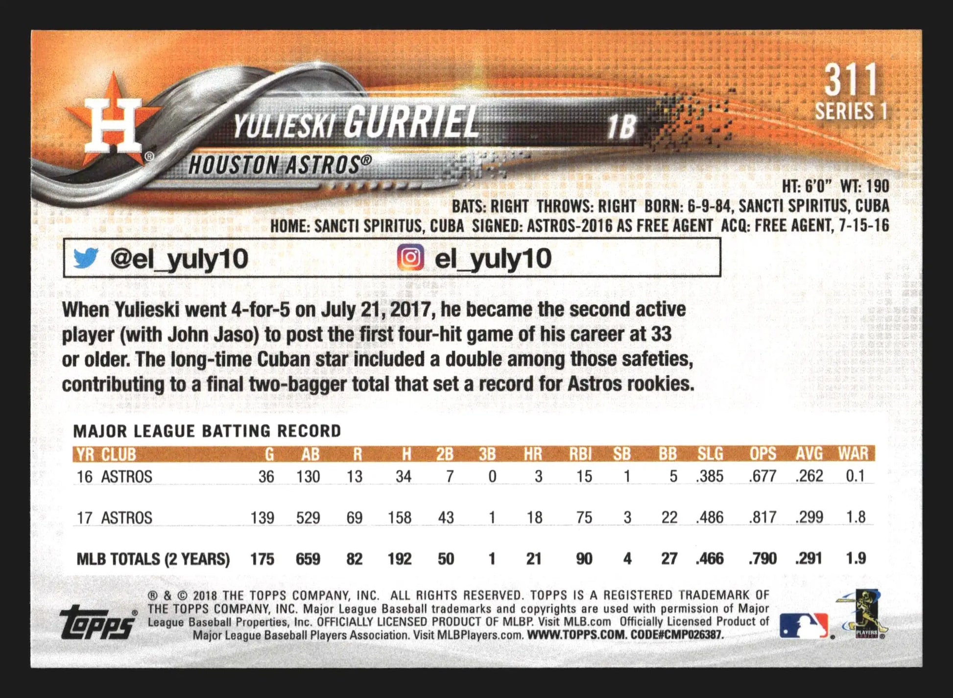 2018 Topps Series 1 Yulieski Gurriel #311 Houston Astros - Baseball Card Single