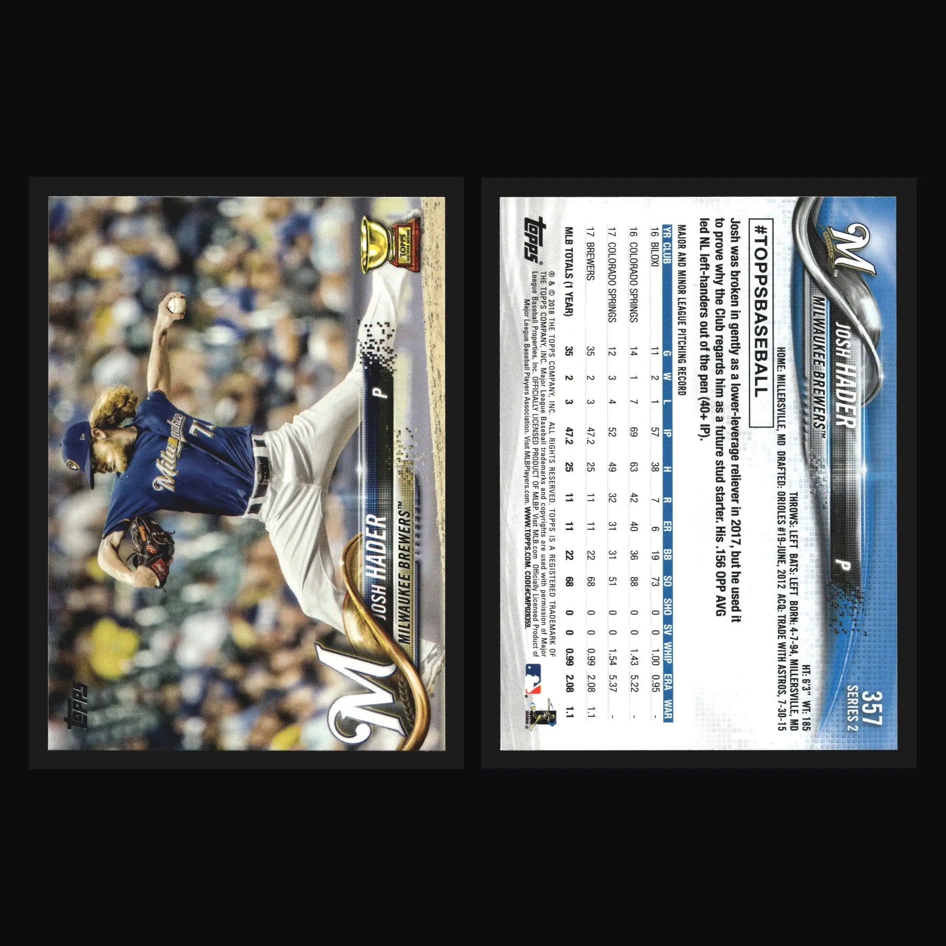 2018 Topps Series 2 #357 Josh Hader Rookie Cup Brewers - Baseball Card Single