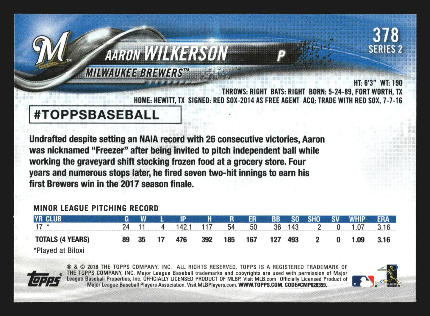 2018 Topps Series 2 #378 Aaron Wilkerson RC Milwaukee Brewers - Baseball Card Single