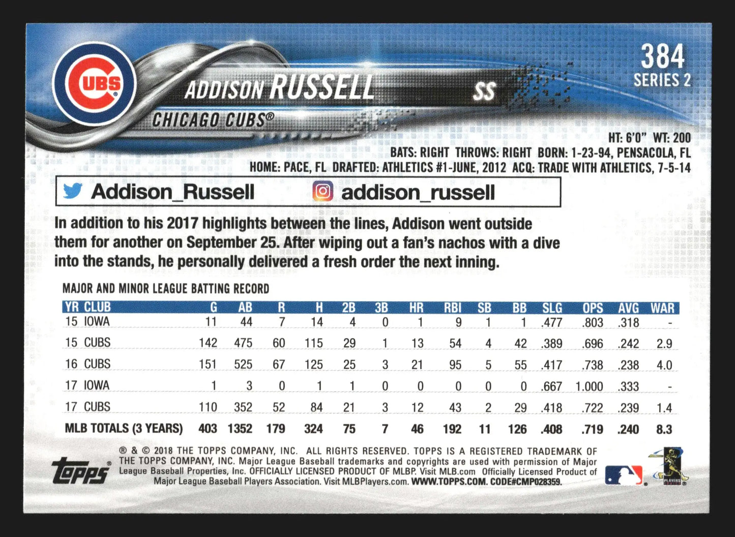 2018 Topps Series 2 #384 Addison Russell Chicago Cubs - Baseball Card Single
