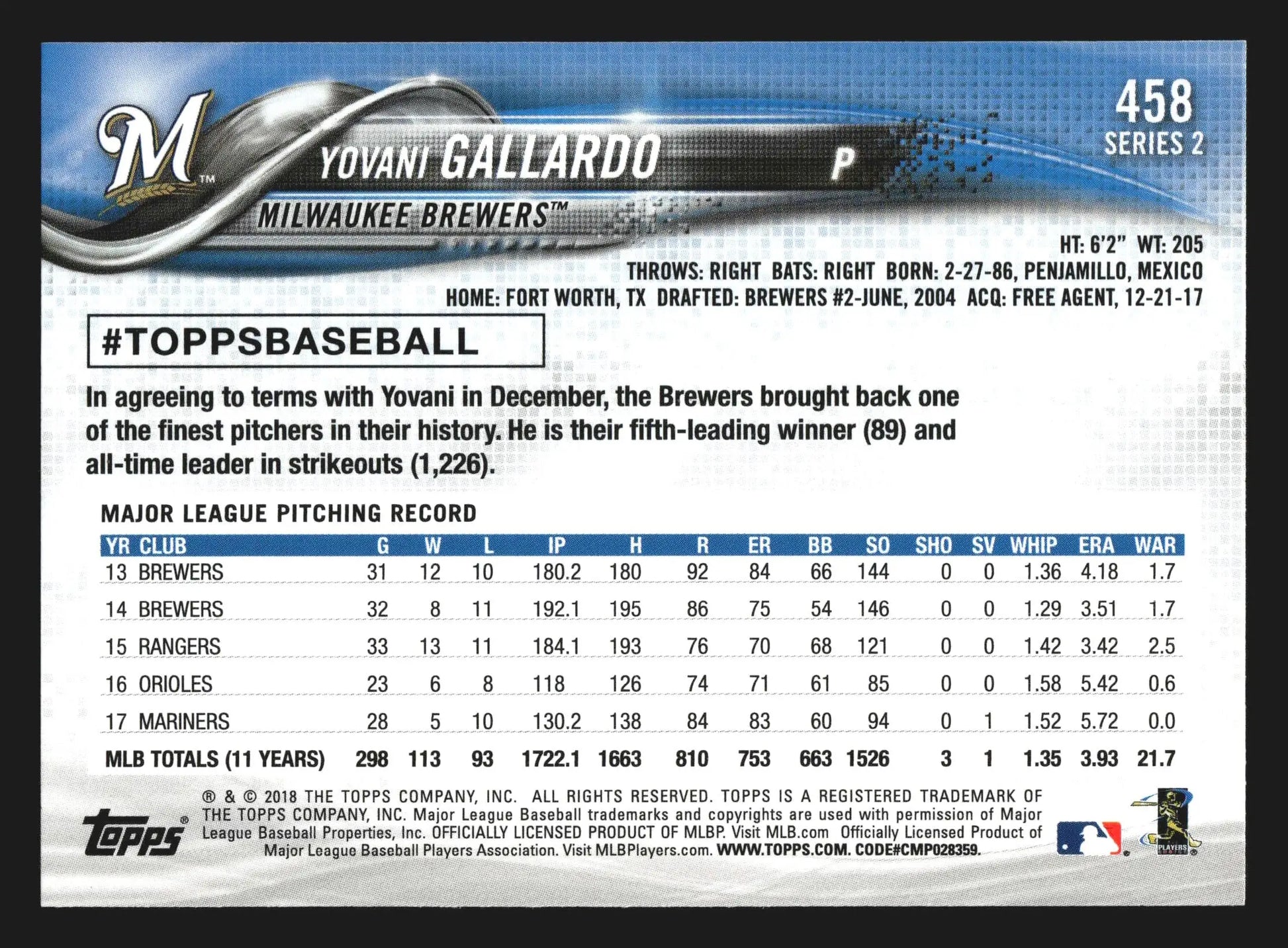2018 Topps Series 2 #458 Yovani Gallardo Milwaukee Brewers - Baseball Card Single