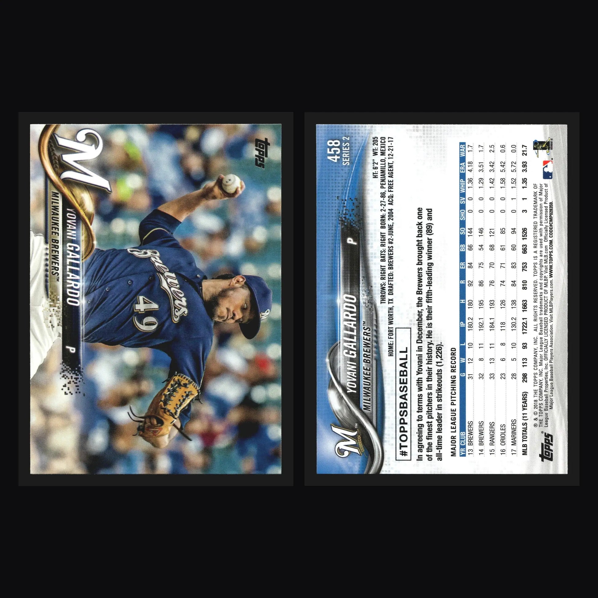2018 Topps Series 2 #458 Yovani Gallardo Milwaukee Brewers - Baseball Card Single