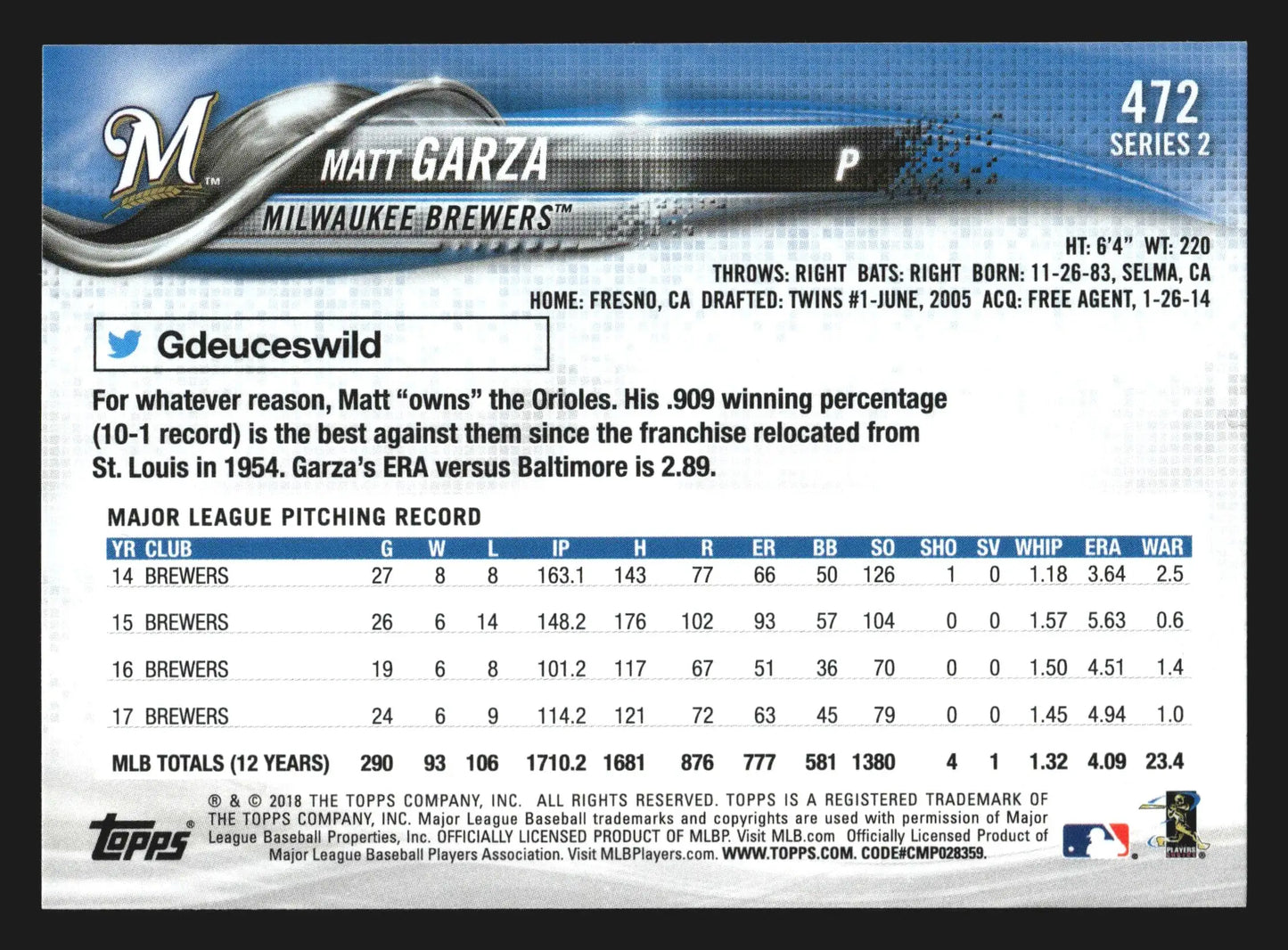 2018 Topps Series 2 #472 Matt Garza Milwaukee Brewers - Baseball Card Single