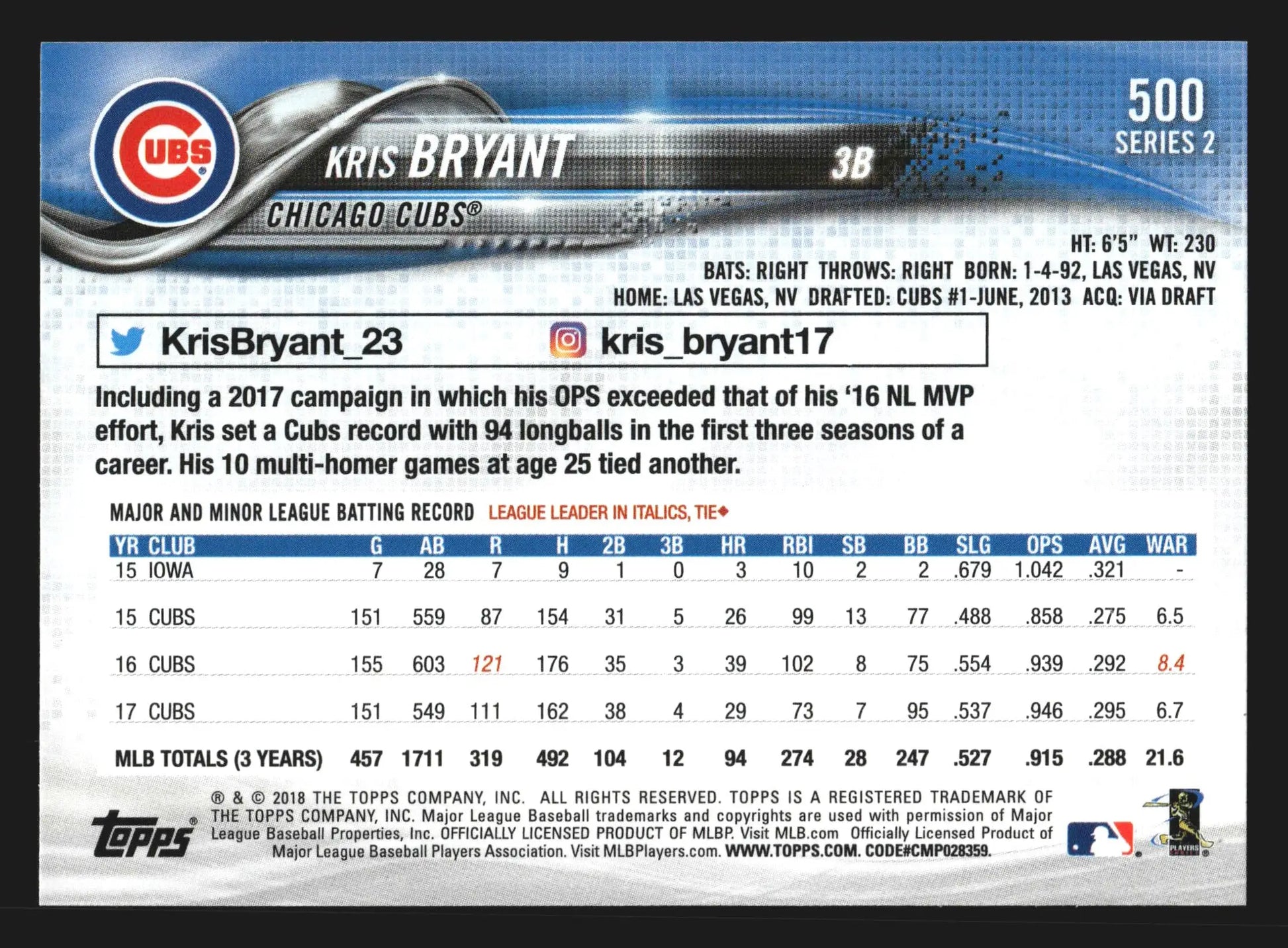 2018 Topps Series 2 #500 Kris Bryant Chicago Cubs - Baseball Card Single