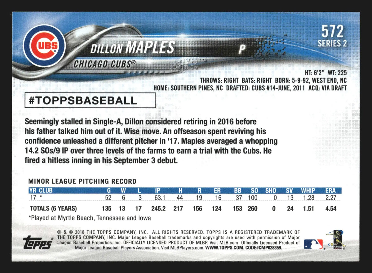 2018 Topps Series 2 #572 Dillon Maples RC Chicago Cubs - Baseball Card Single