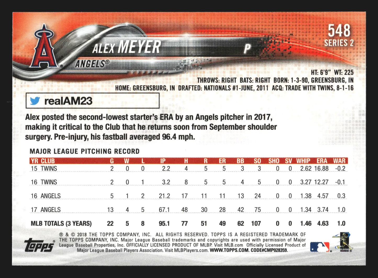 2018 Topps Series 2 Alex Meyer #548 Los Angeles Angels - Baseball Card Single