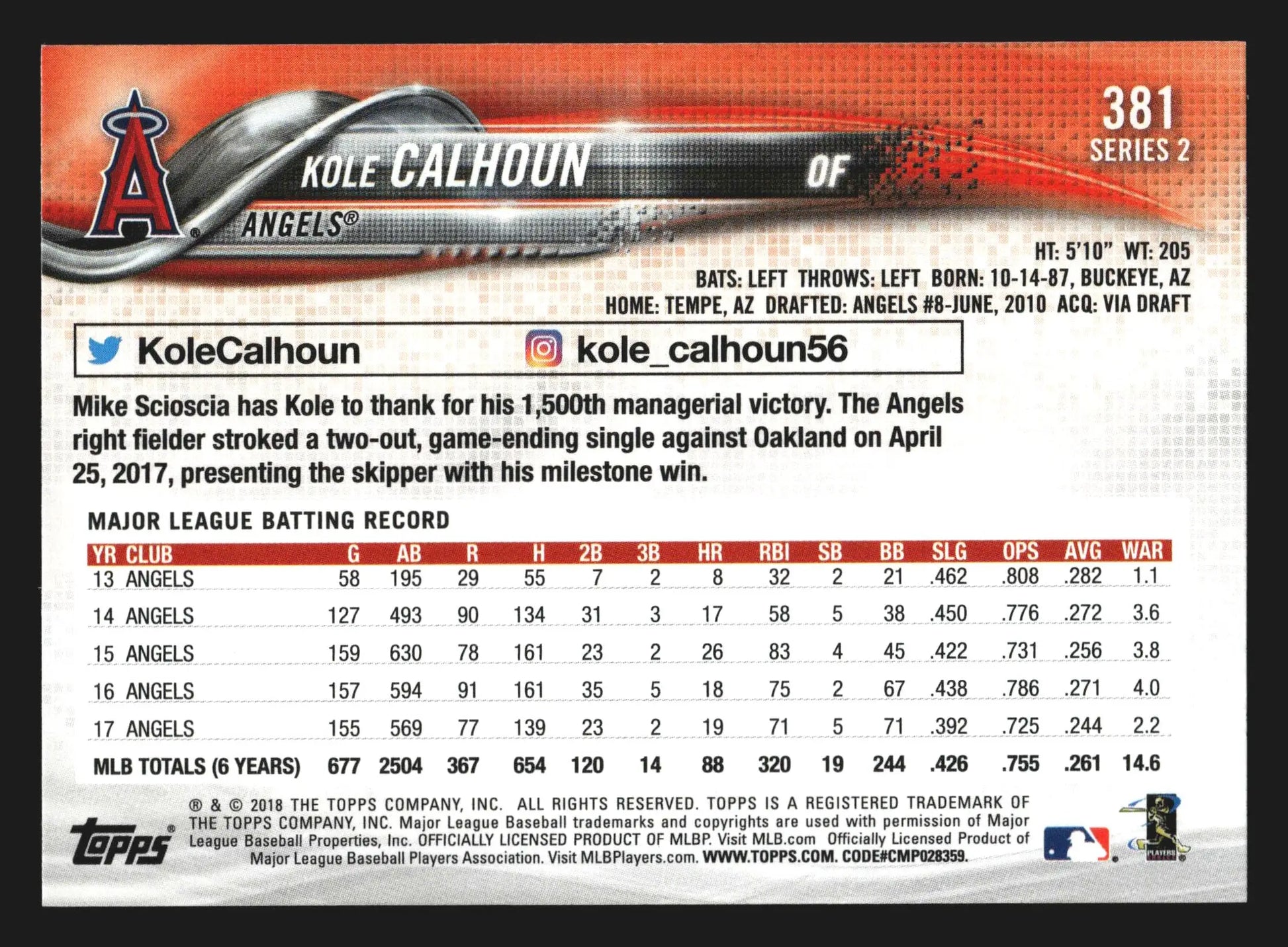 2018 Topps Series 2 Kole Calhoun #381 Los Angeles Angels - Baseball Card Single