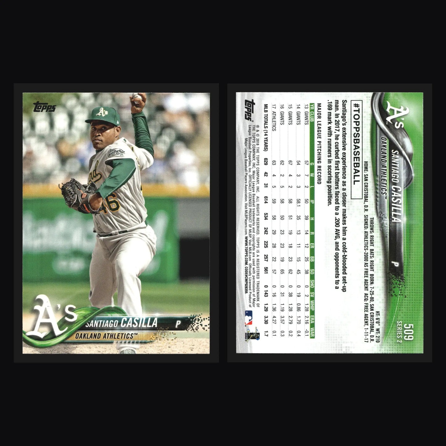 2018 Topps Series 2 Santiago Casilla #509 Oakland Athletics - Baseball Card Single