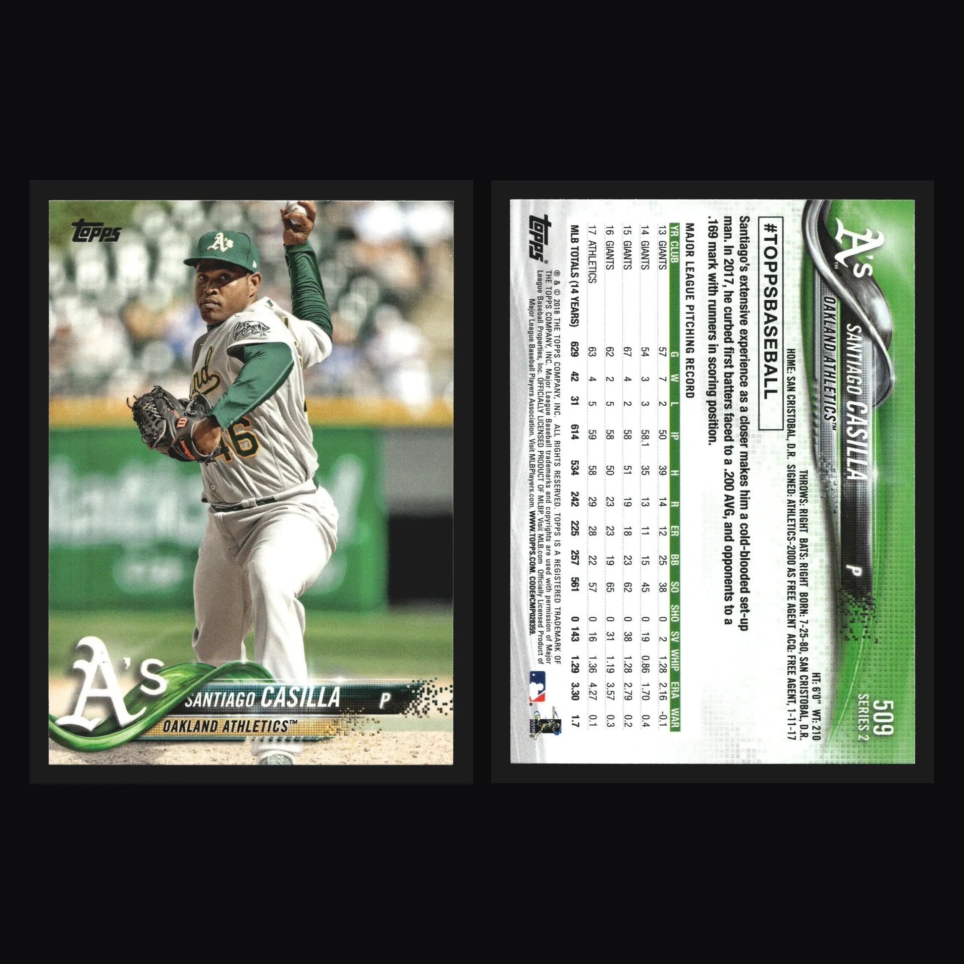 2018 Topps Series 2 Santiago Casilla #509 Oakland Athletics - Baseball Card Single