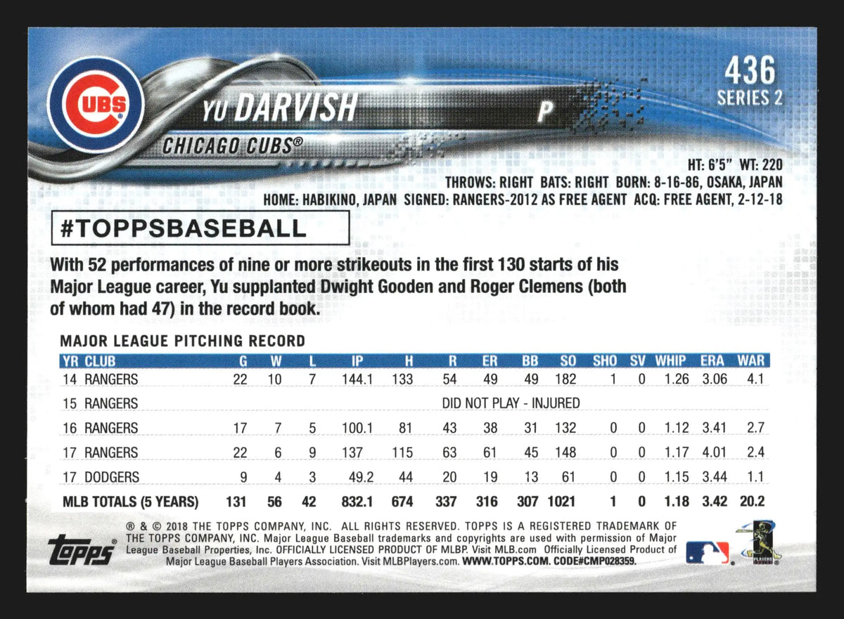 2018 Topps Series 2 Yu Darvish #436 Chicago Cubs - Baseball Card Single