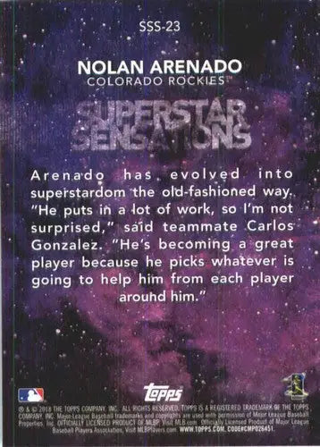 Baseball card back showing original gloss from Topps Superstar Sensations Nolan Arenado