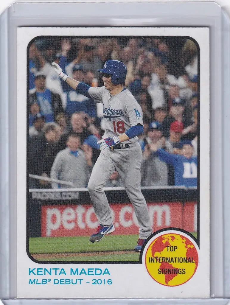 Baseball card of Kenta Maeda celebrating in 2018 Topps Baseball World Series design