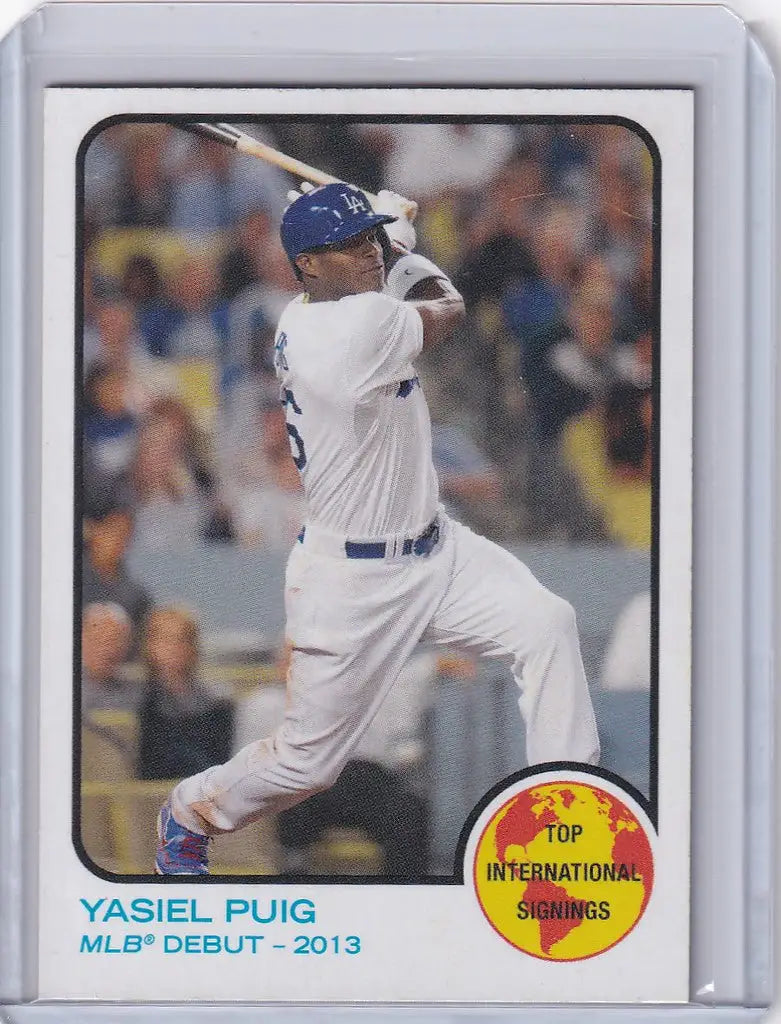 Baseball card of Yasiel Puig swinging bat in 2018 Topps Baseball World Series set