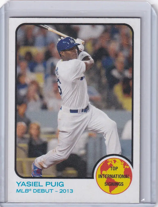Baseball card of Yasiel Puig swinging bat in 2018 Topps Baseball World Series set