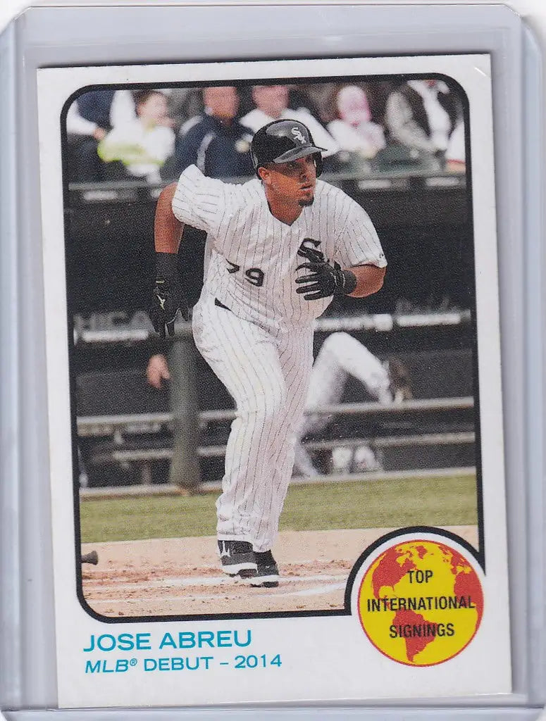 Baseball card of Jose Abreu Chicago White Sox in mid-swing, Topps Baseball World Series