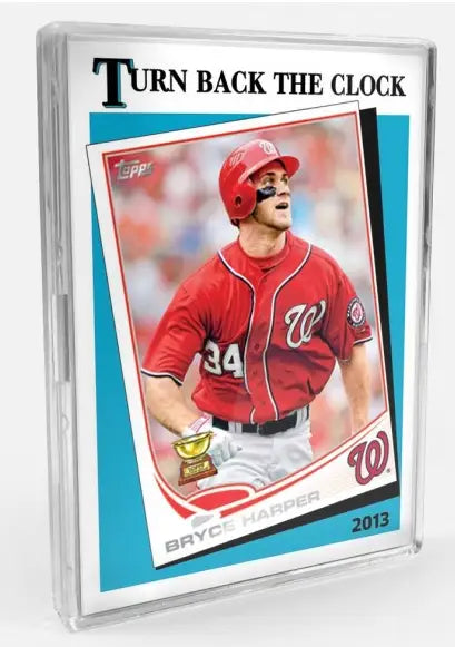 Baseball card of Bryce Harper in red uniform, Topps TBT ’89 design for Nationals