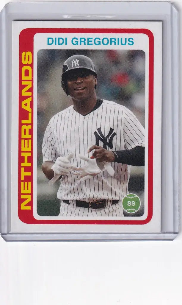 Baseball card of Didi Gregorius in pinstripe uniform, featured in Topps Throwback Thursday