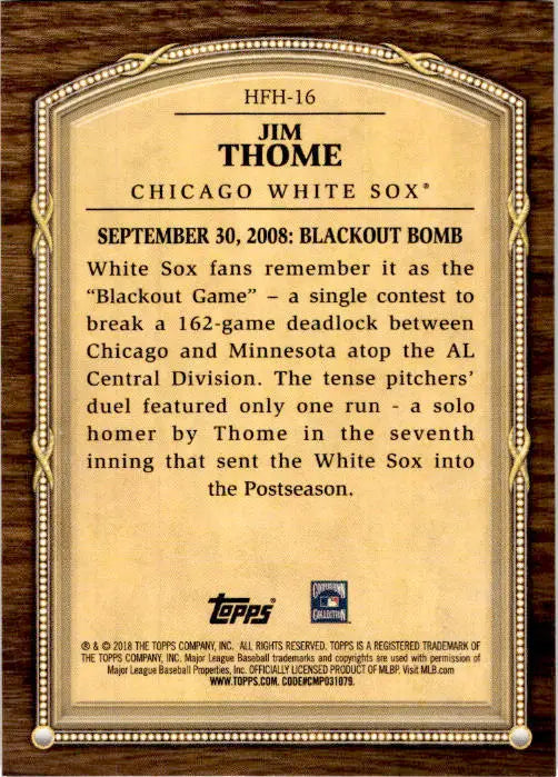 2018 Topps Update #HFH-16 Jim Thome Hall of Famer Highlights - Baseball Card Single
