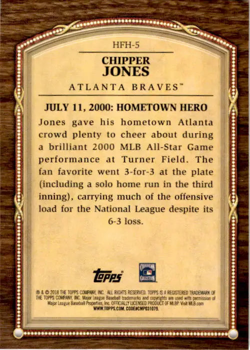 2018 Topps Update #HFH-5 Chipper Jones Hall of Famer Highlights - Baseball Card Single