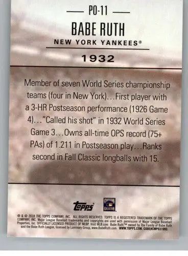 2018 Topps Update Postseason Preeminence Black #PO-11 Babe Ruth NM-MT Y ID:16800 - Baseball Card Single