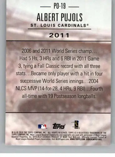 Back of a 2018 Topps Update Postseason Preeminence Albert Pujols trading card with original gloss
