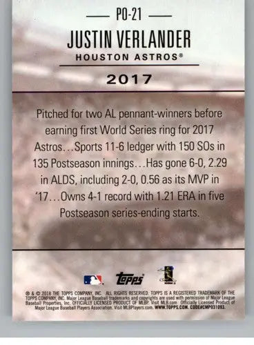 2018 Topps Update Postseason Preeminence #PO-21 Justin Verlander NM-MT ID:16797 - Baseball Card Single