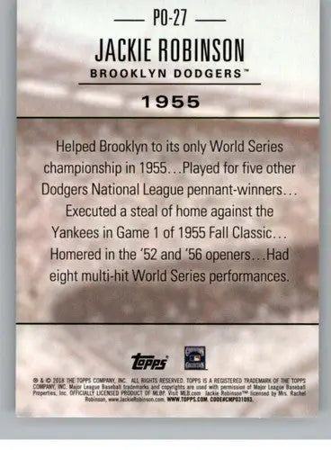 2018 Topps Update Postseason Preeminence #PO-27 Jackie Robinson NM-MT Dodgers - Baseball Card Single