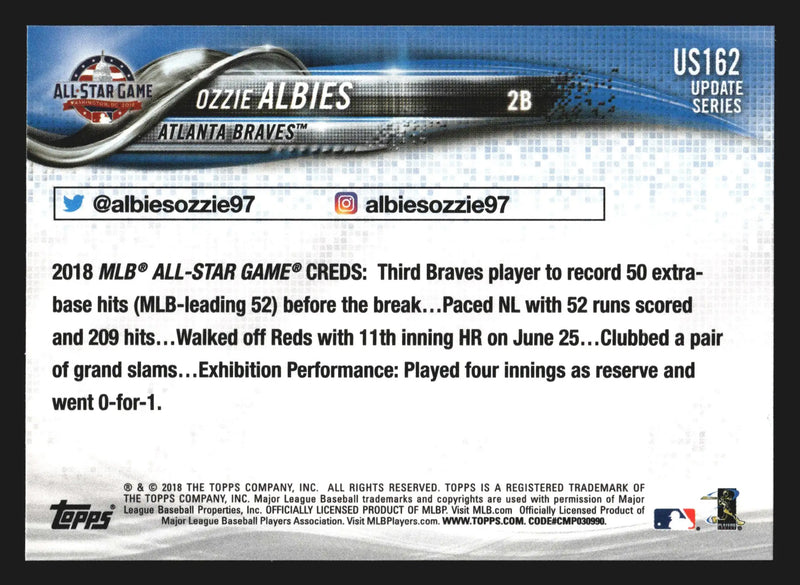 2018 Topps Update #US162 Ozzie Albies Atlanta Braves RC