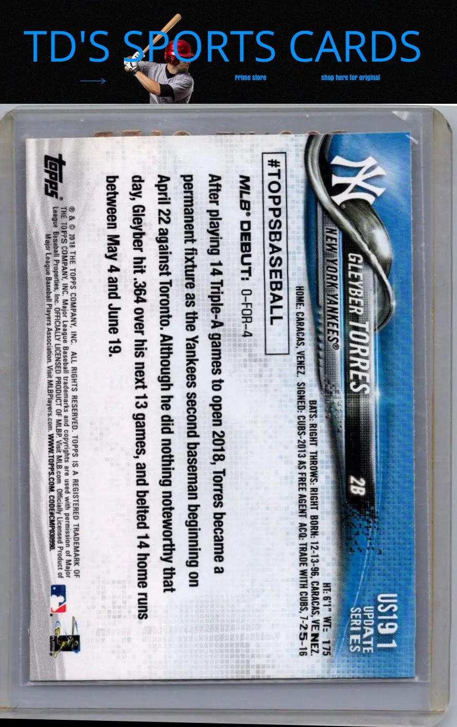 Gleyber Torres baseball card from 2018 Topps Update US191 Gleyber Torres product